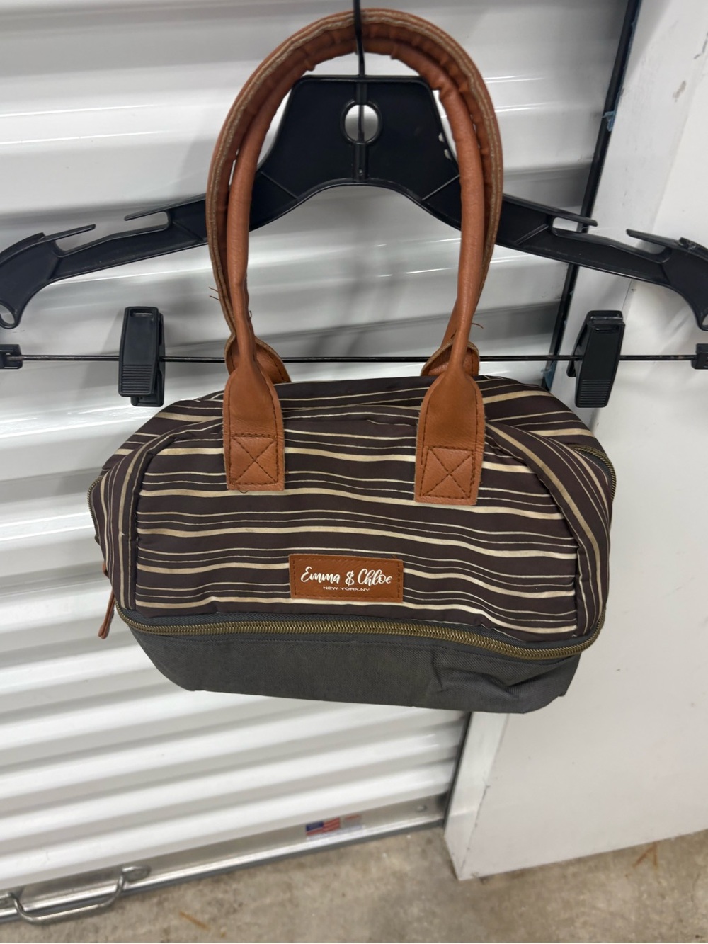 Emma & Chloe Striped Zip Satchel Top Handle Lunchag in Brown Gray Women's